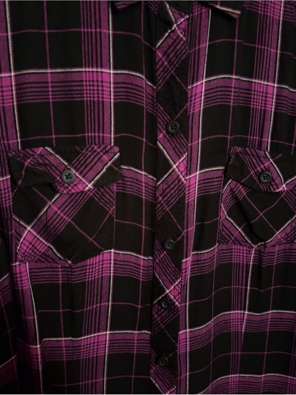 Torrid Size 1X Purple Black Plaid Button Up Top Long Sleeve Rayon Grunge Tunic - Picture 3 of 6